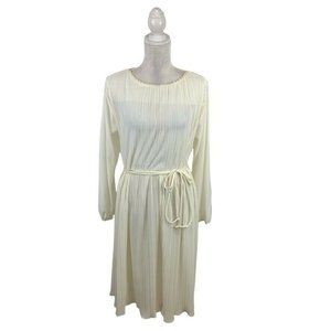 Hal Ferman Ivory Pleated Midi Dress Crochet Lace Trim Semisheer No Size Tag‎ M/L